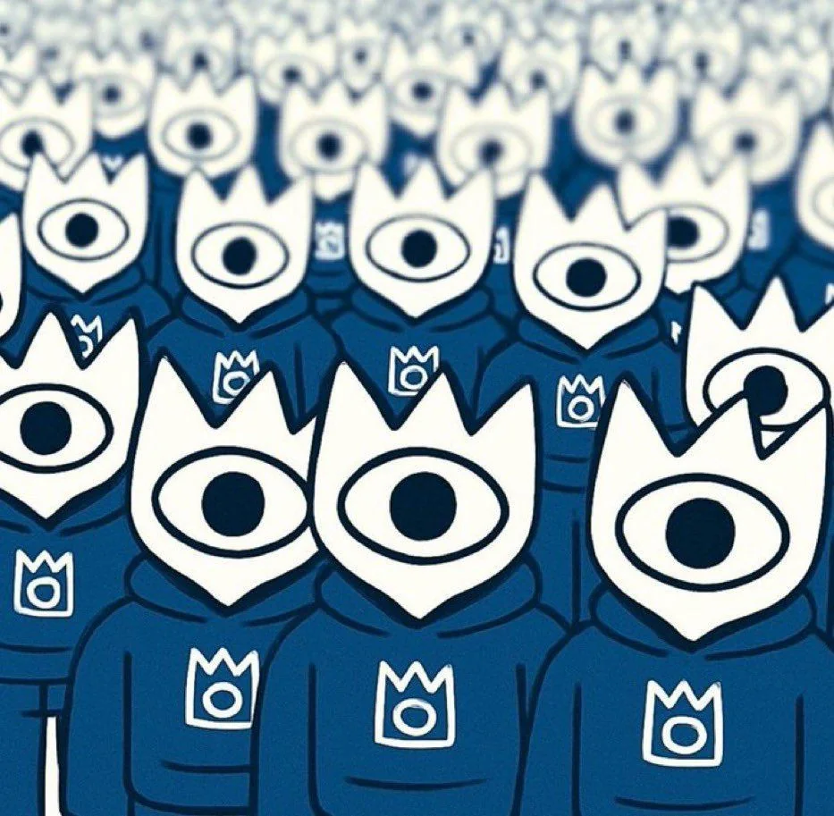 A crowd of EYEKON mascots standing shoulder to shoulder